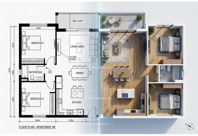 Open-concept room visual supporting 3D floor plan workflow
